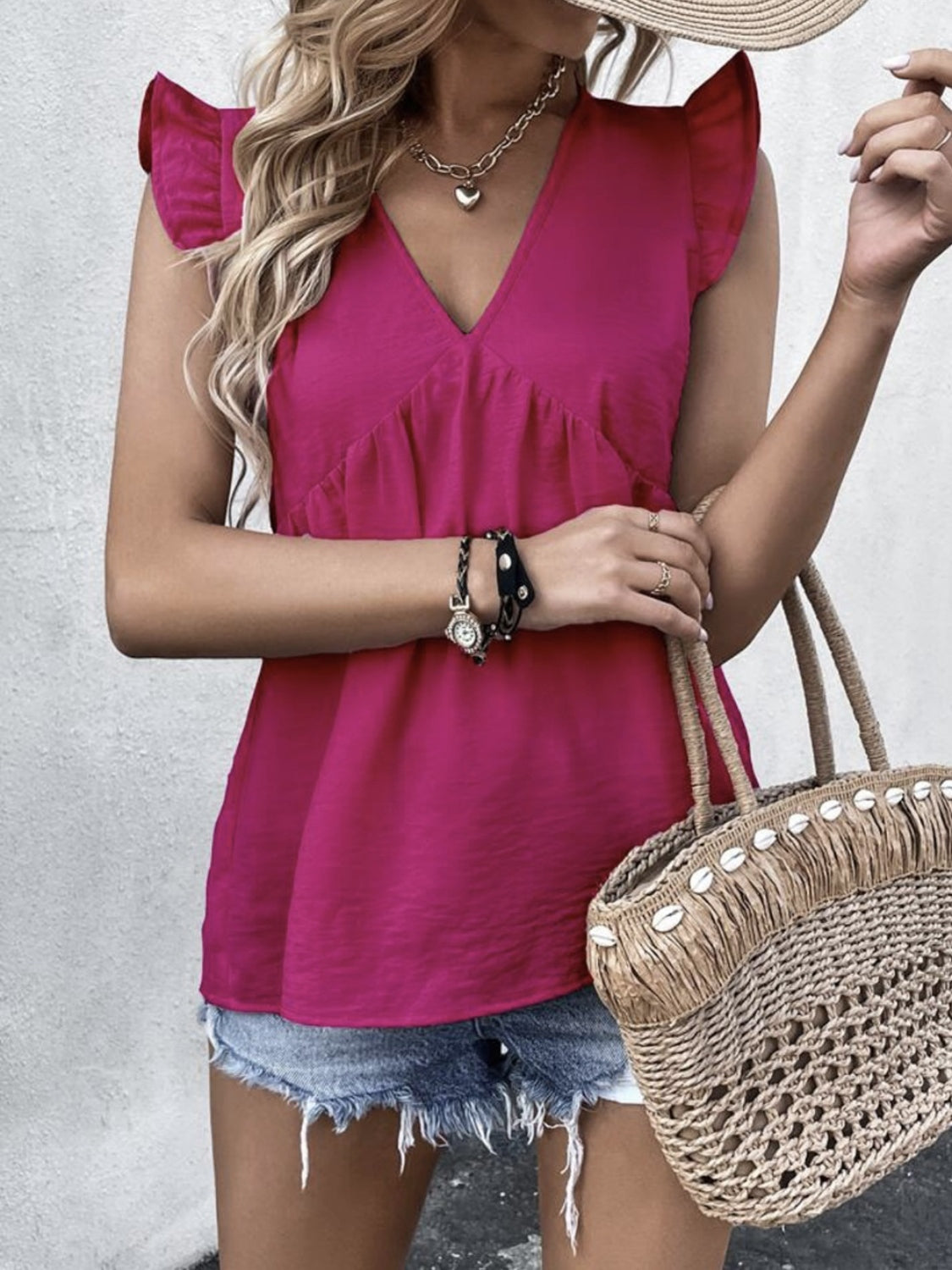 Honeybee Mumford's Ruffled V-Neck Cap Sleeve Blouse