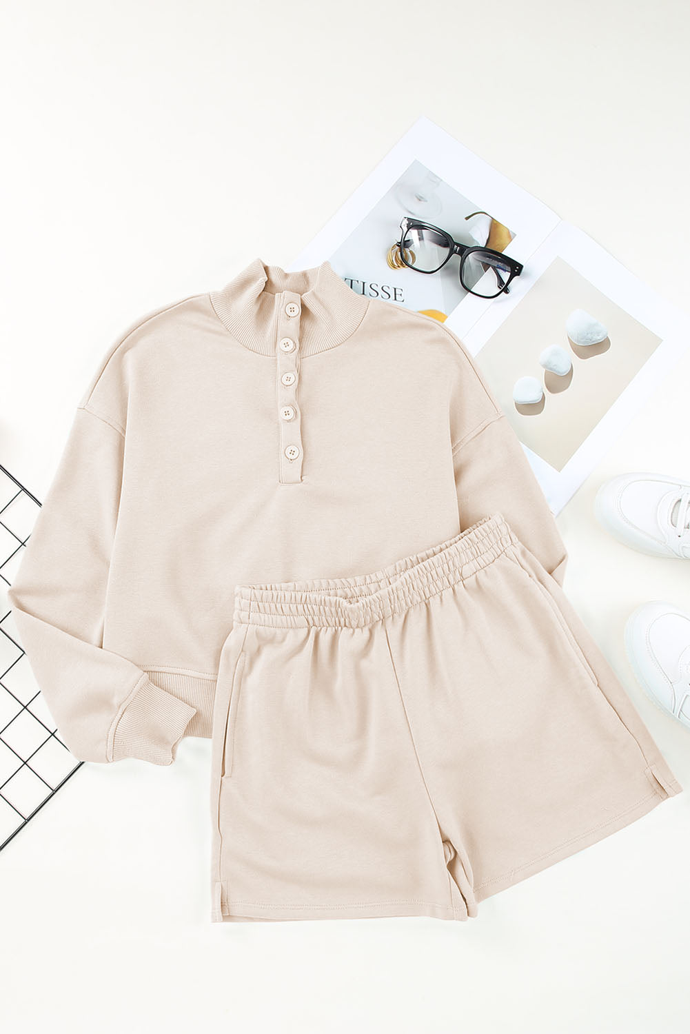 Honeybee Mumford's Apricot Casual High Neck Henley Top and Short Outfit