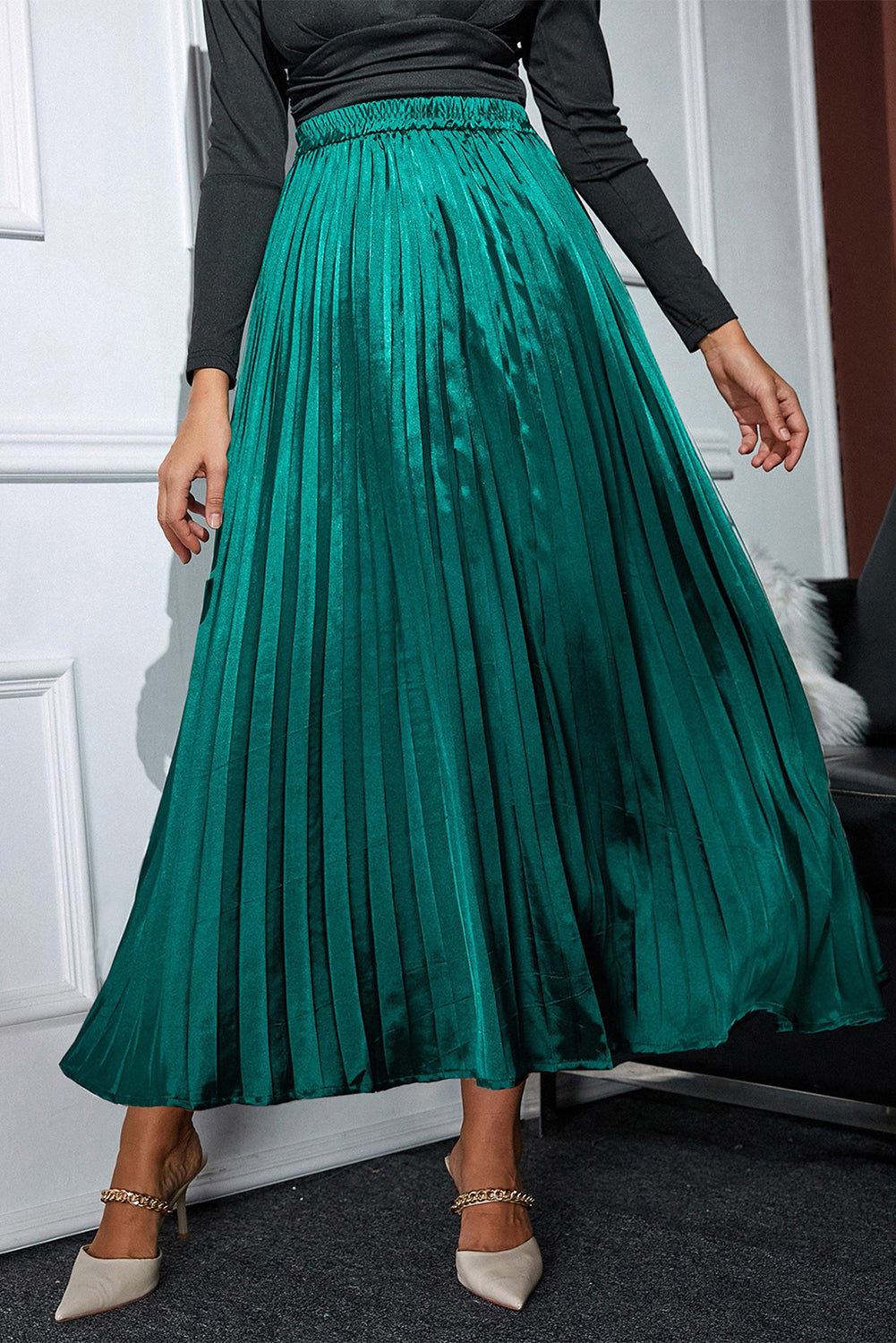 Honeybee Mumford's Blackish Green Satin Elastic Waist Pleated Maxi Skirt