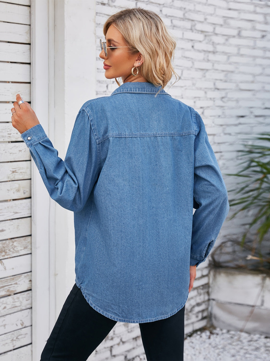 Honeybee Mumford's Button Up Denim Jacket w/ Collared Neck in Dark Blue & Dusty Blue