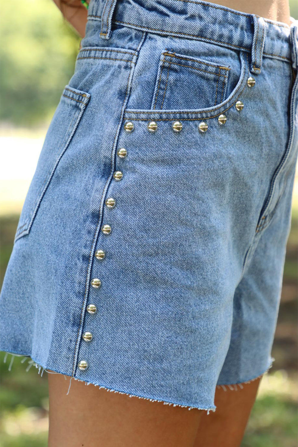 Honeybee Mumford's Sky Blue Stud Embellished High Waist Denim Shorts