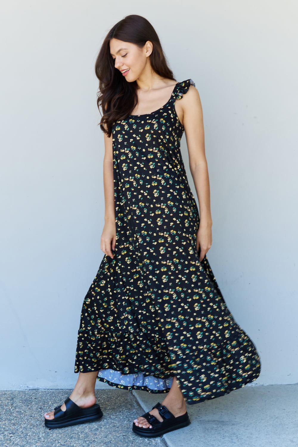 Honeybee Mumford's Doublju In The Garden Ruffle Floral Maxi Dress in Black Yellow Floral