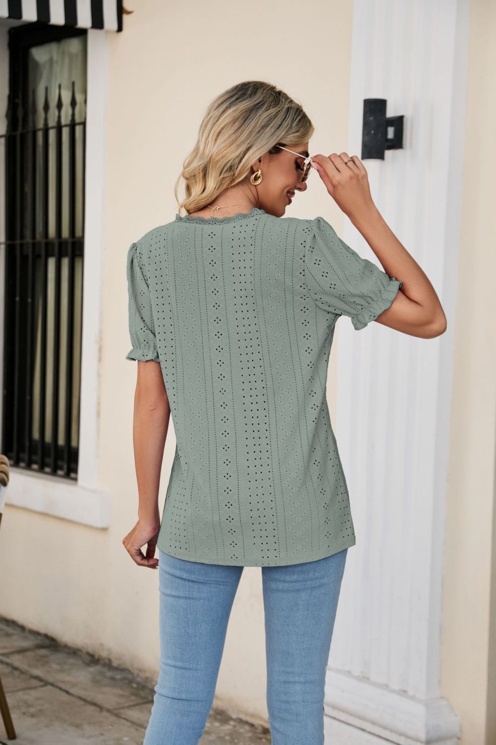 Honeybee Mumford's Eyelet Flounce Sleeve Scalloped V-Neck Top