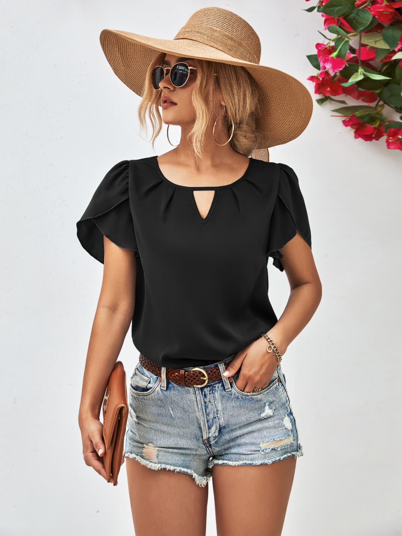 Honeybee Mumford's Cutout Round Neck Petal Sleeve Blouse