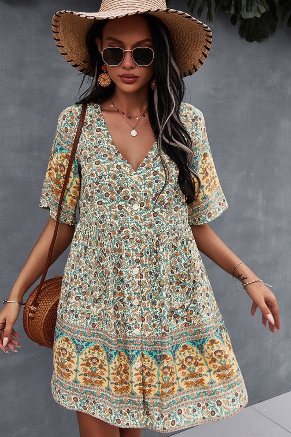 Honeybee Mumford's Bohemian Floral V-Neck Half Sleeve Dress