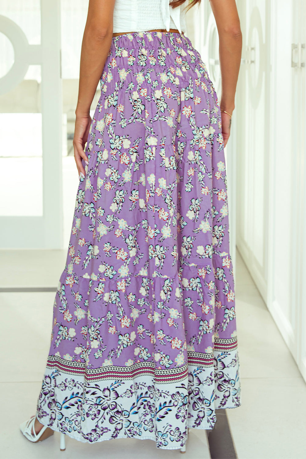 Honeybee Mumford's Purple Floral Print Shirred High Waist Maxi Skirt