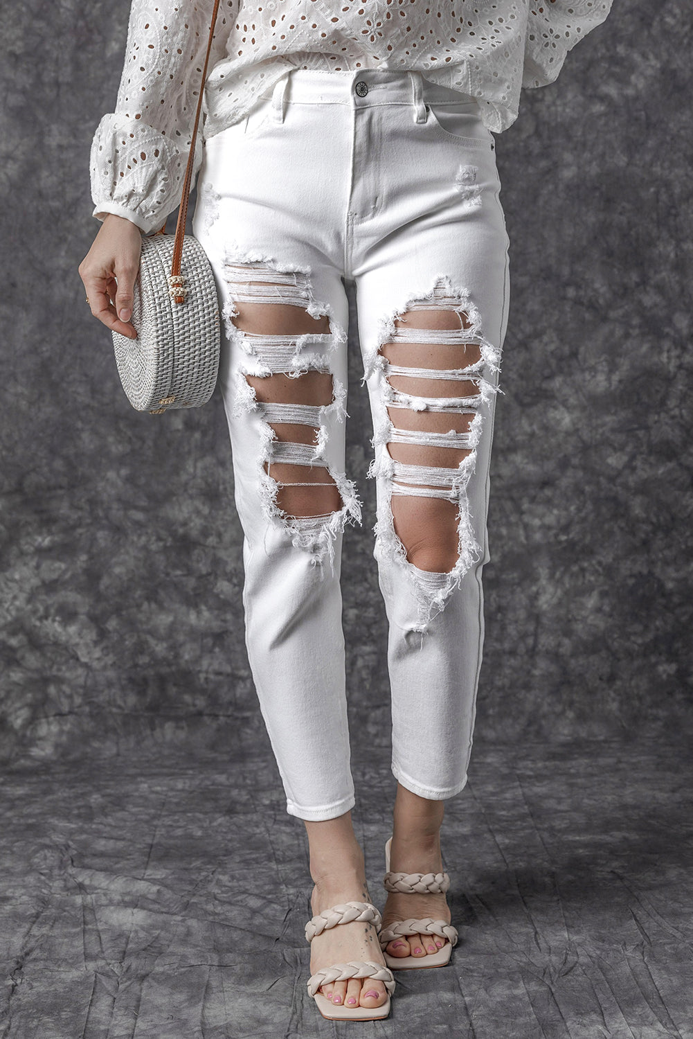 Honeybee Mumford's White Distressed Ripped Holes High Waist Skinny Jeans