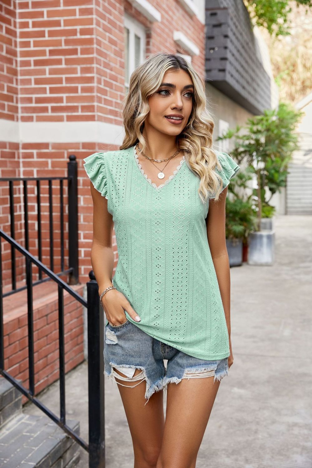 Honeybee Mumford's Eyelet Flutter Sleeve Scalloped V-Neck Top