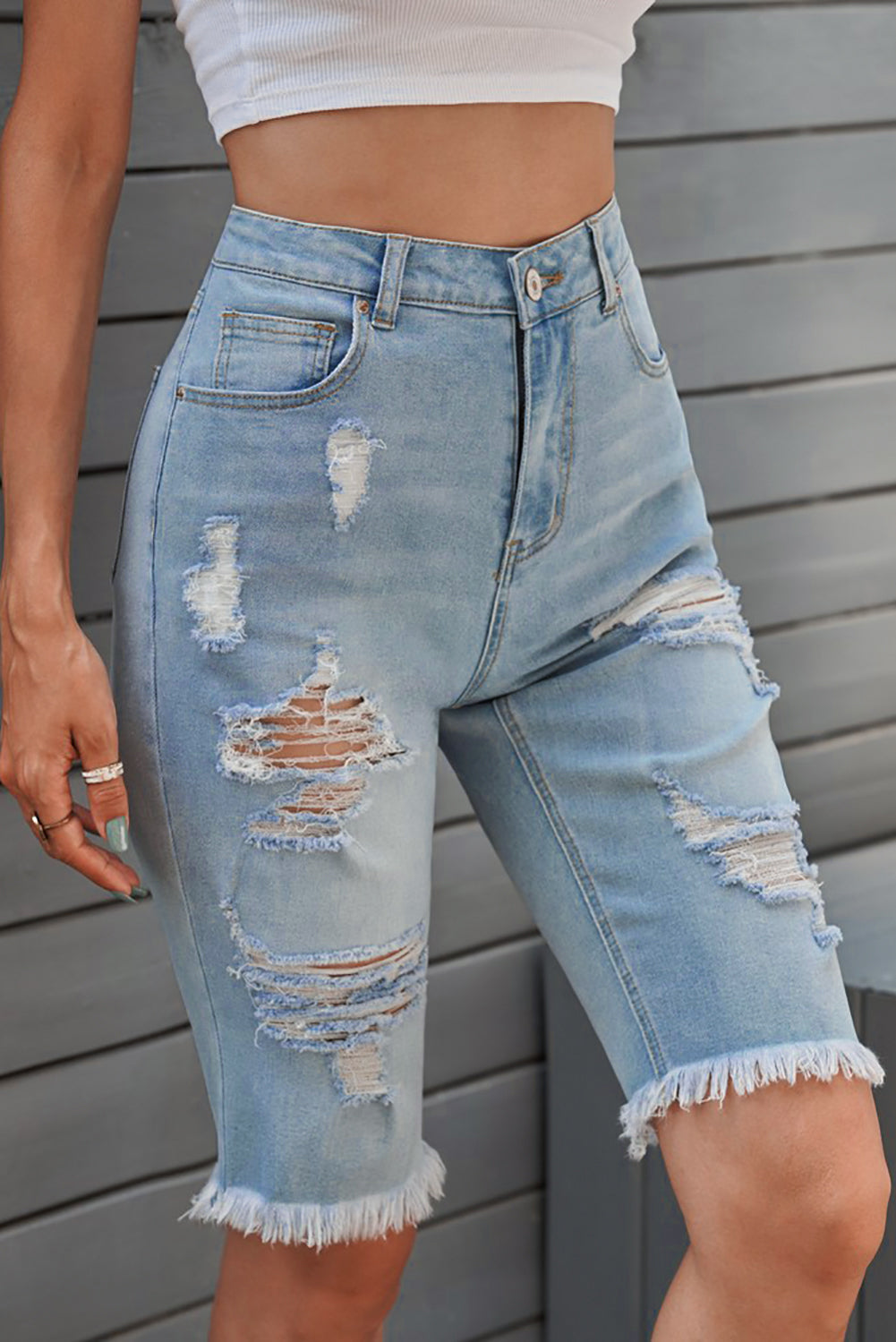 Honeybee Mumford's Distressed Raw Hem Denim Bermuda Shorts