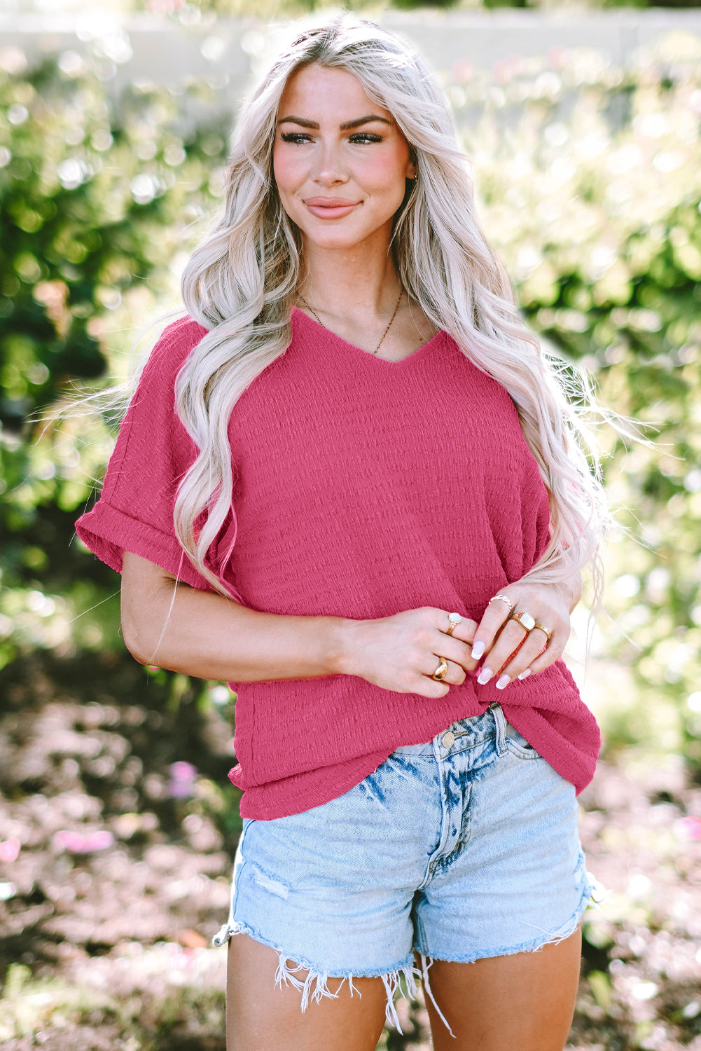 Honeybee Mumford's Bright Pink Textured Rolled Short Sleeve V Neck Blouse