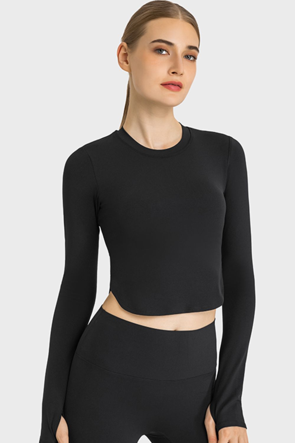 Honeybee Mumford's Side Slit Long Sleeve Round Neck Crop Top