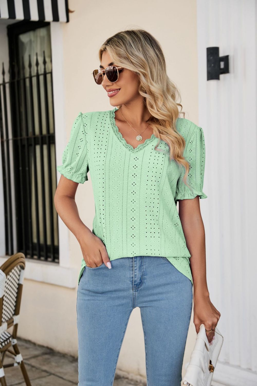 Honeybee Mumford's Eyelet Flounce Sleeve Scalloped V-Neck Top