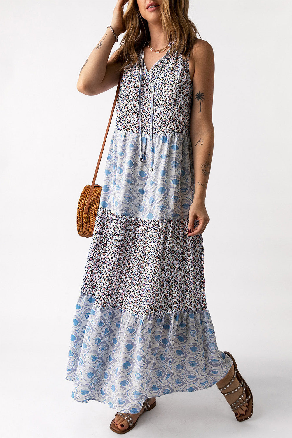 Honeybee Mumford's Mixed Print Tie-Neck Sleeveless Maxi Dress