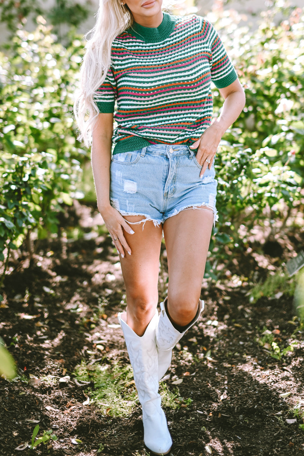 Honeybee Mumford's Dark Green Striped Pattern Contrast Trim Pointelle Knit T Shirt