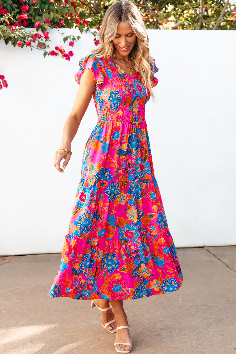 Honeybee Mumford's Rose Red Boho Floral V Neck Ruffle Tiered Long Dress