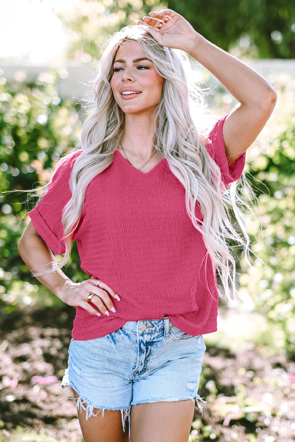 Honeybee Mumford's Bright Pink Textured Rolled Short Sleeve V Neck Blouse