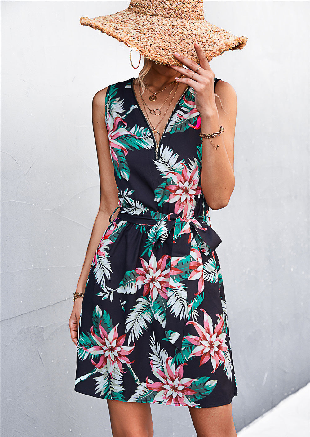 Honeybee Mumford's Printed Zip Detail Belted Sleeveless Dress