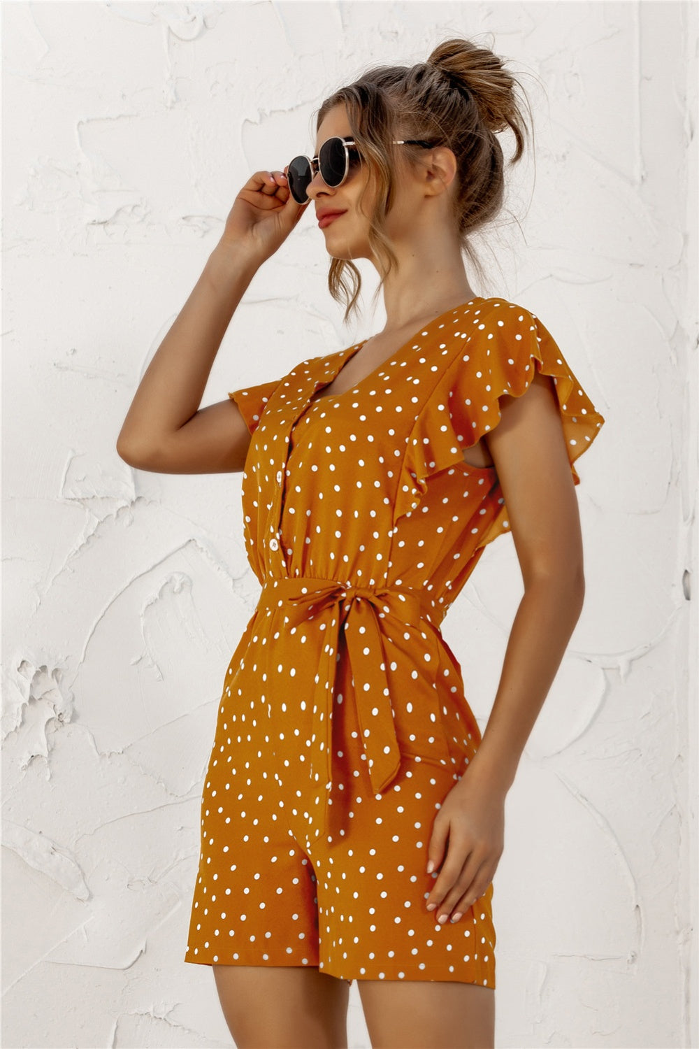 Honeybee Mumford's Ruffled Polka Dot Half Button Romper