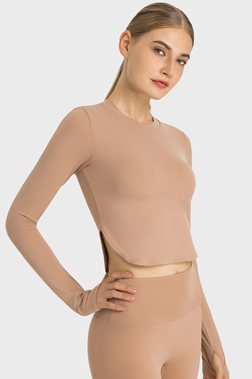 Honeybee Mumford's Side Slit Long Sleeve Round Neck Crop Top