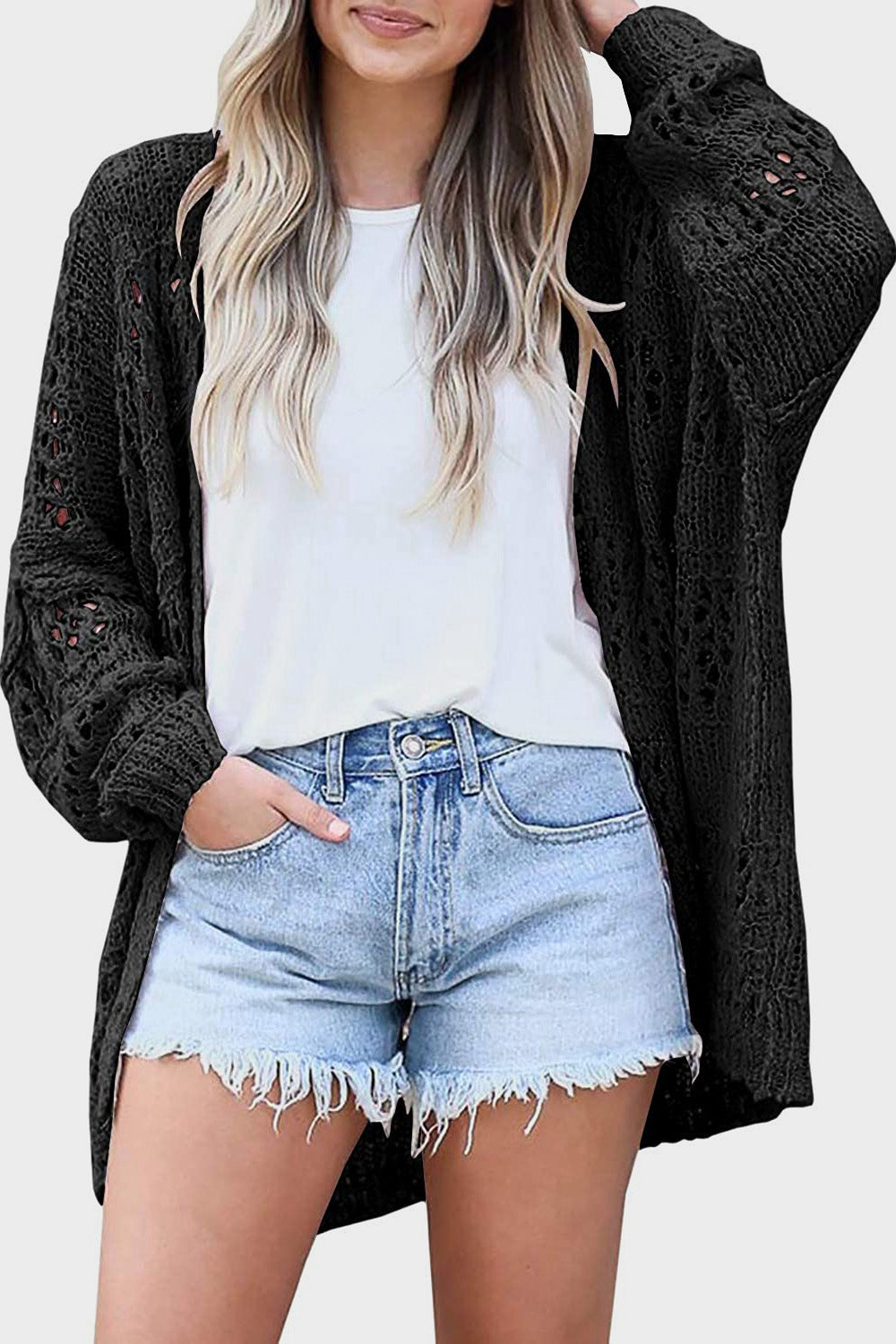 Honeybee Mumford's Openwork Open Front Long Sleeve Cardigan