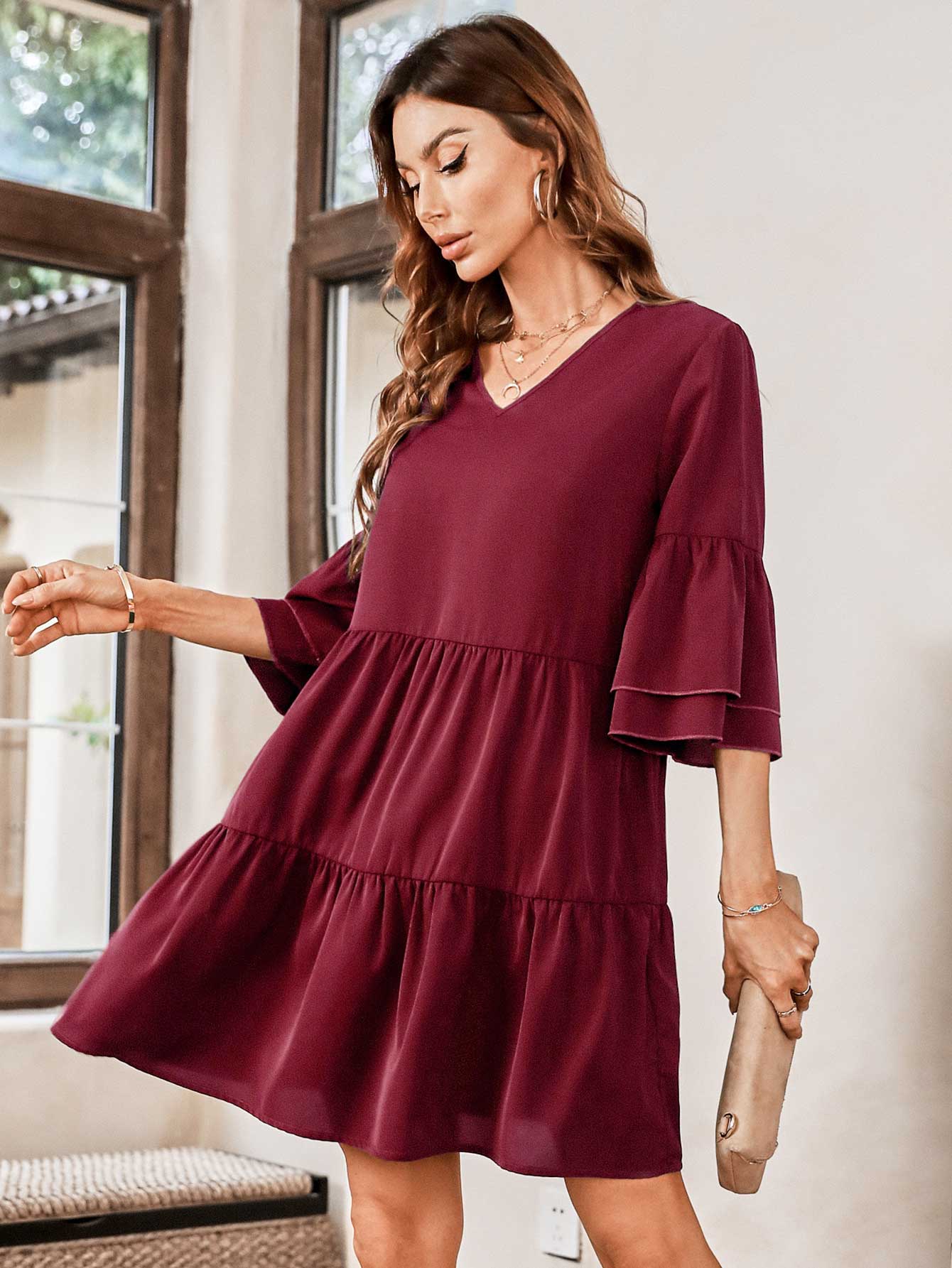 Honeybee Mumford's V-Neck Three-Quarter Flounce Sleeve Tiered Dress