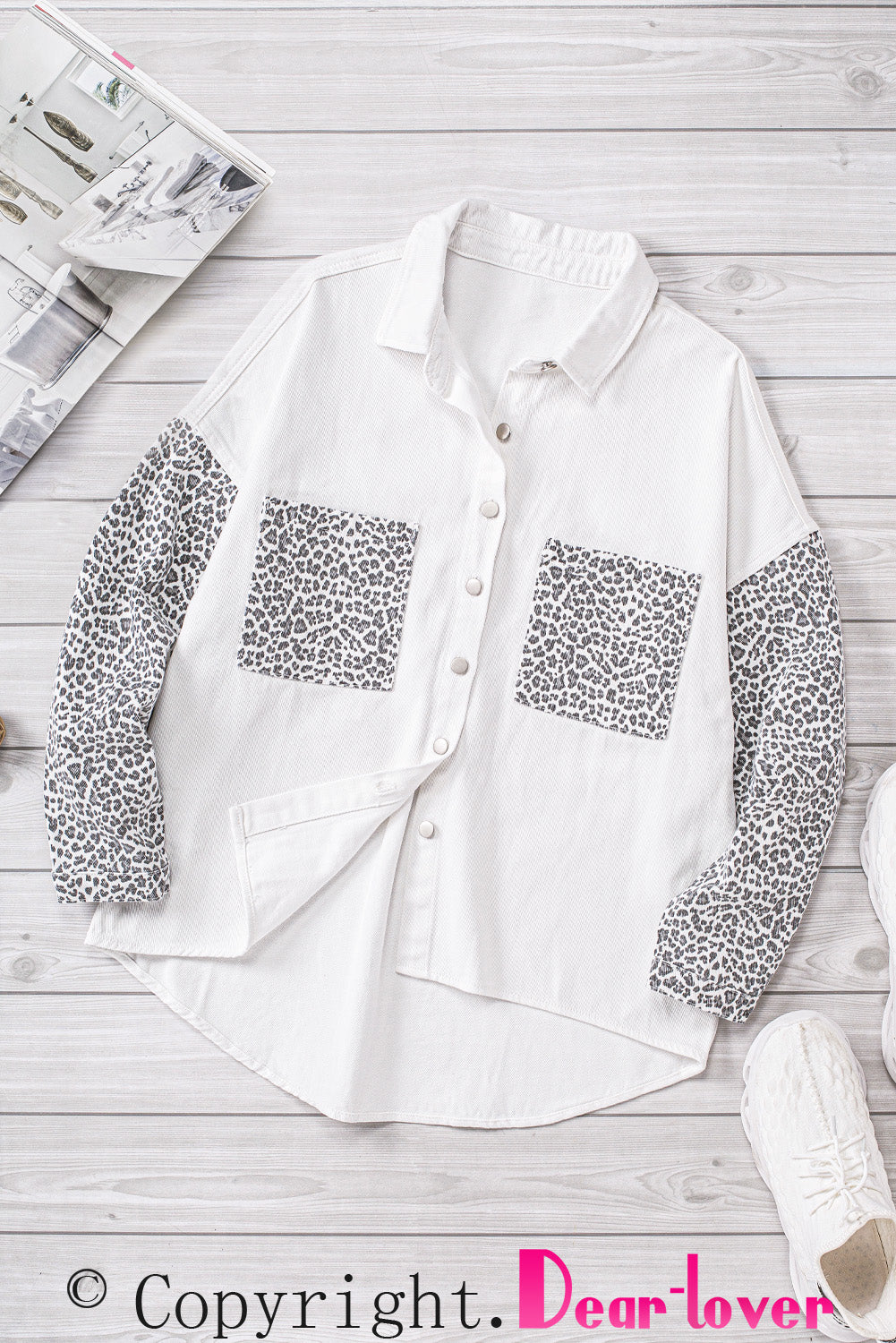 Honeybee Mumford's White Contrast Leopard Denim Jacket