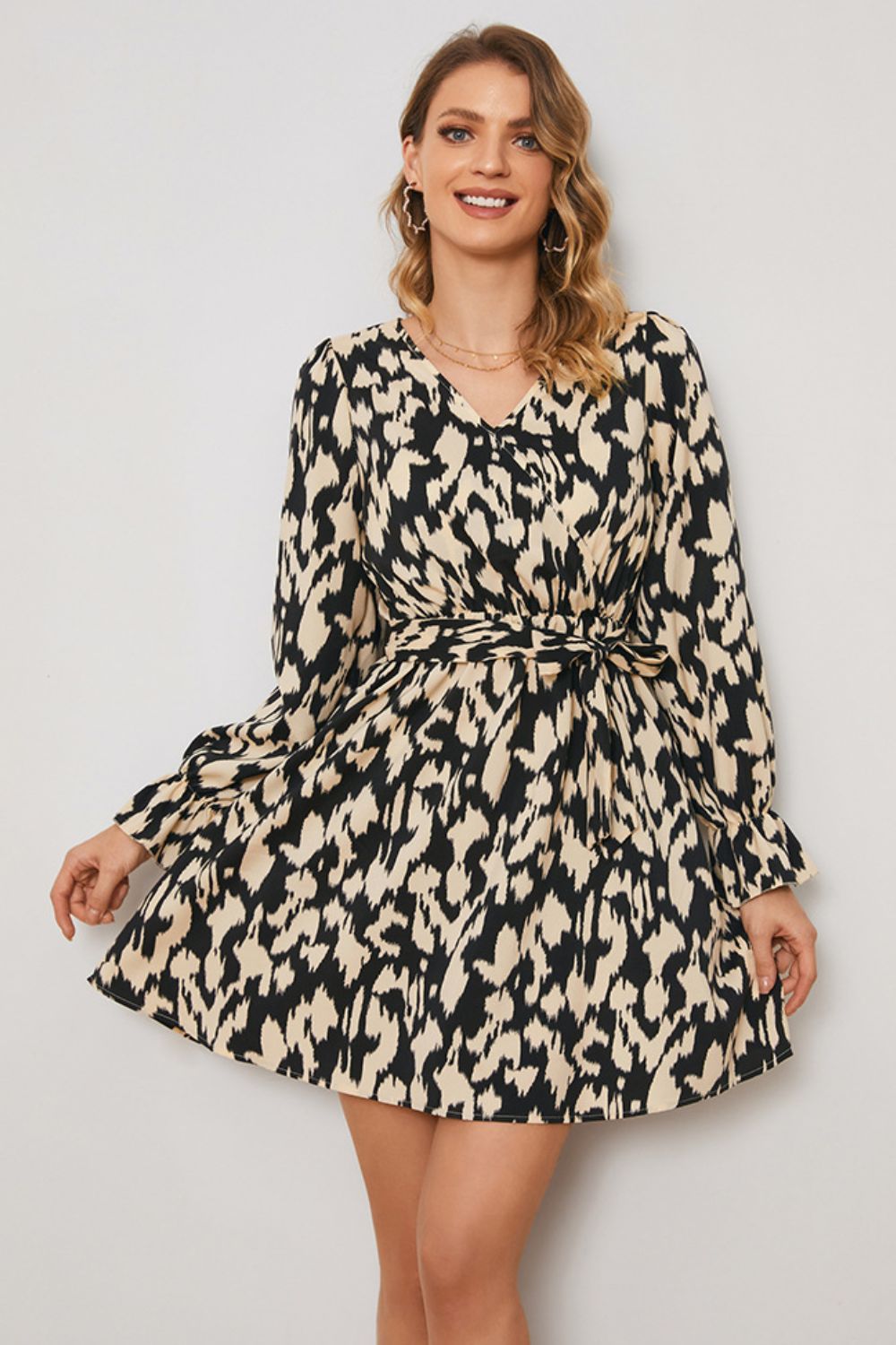 Honeybee Mumford's Animal Print Surplice Neck Long Flounce Sleeve Dress