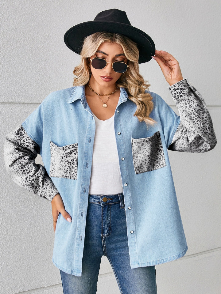 Honeybee Mumford's Leopard Button Up Denim Jacket