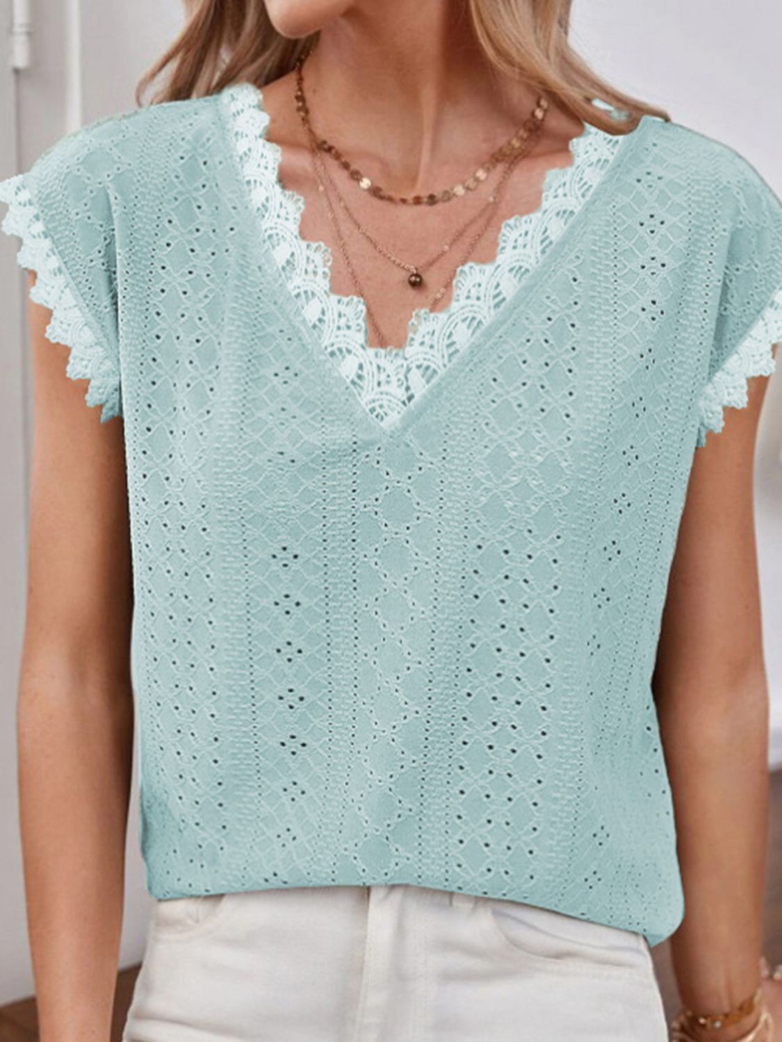 Honeybee Mumford's V-Neck Eyelet Short Sleeve Top