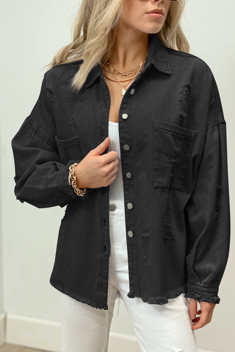 Honeybee Mumford's Black Distressed Fringe Trim Denim Jacket