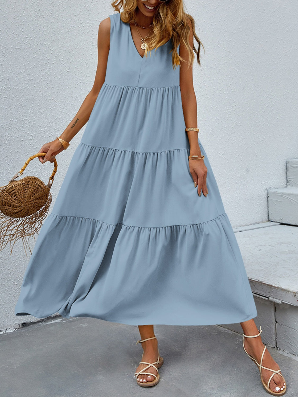 Honeybee Mumford's Tiered V-Neck Sleeve Dress