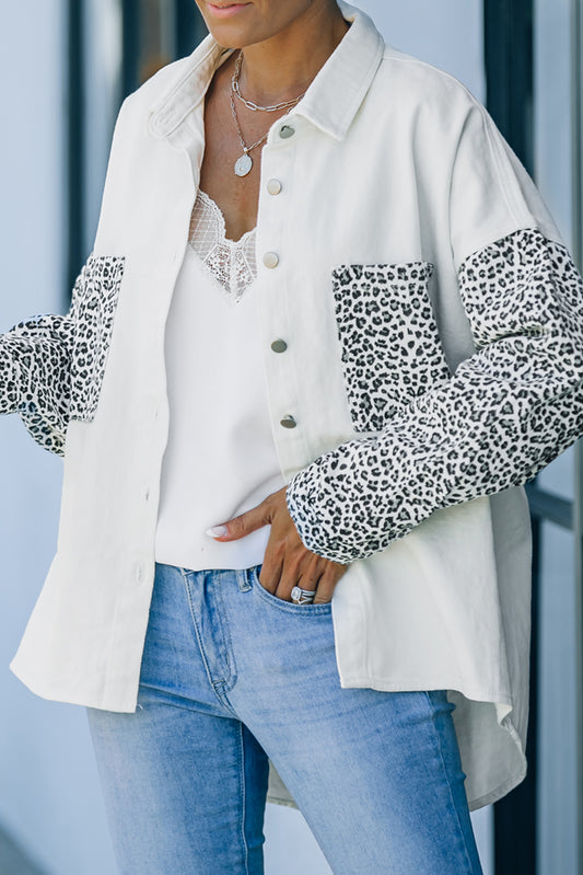 Honeybee Mumford's White Contrast Leopard Denim Jacket