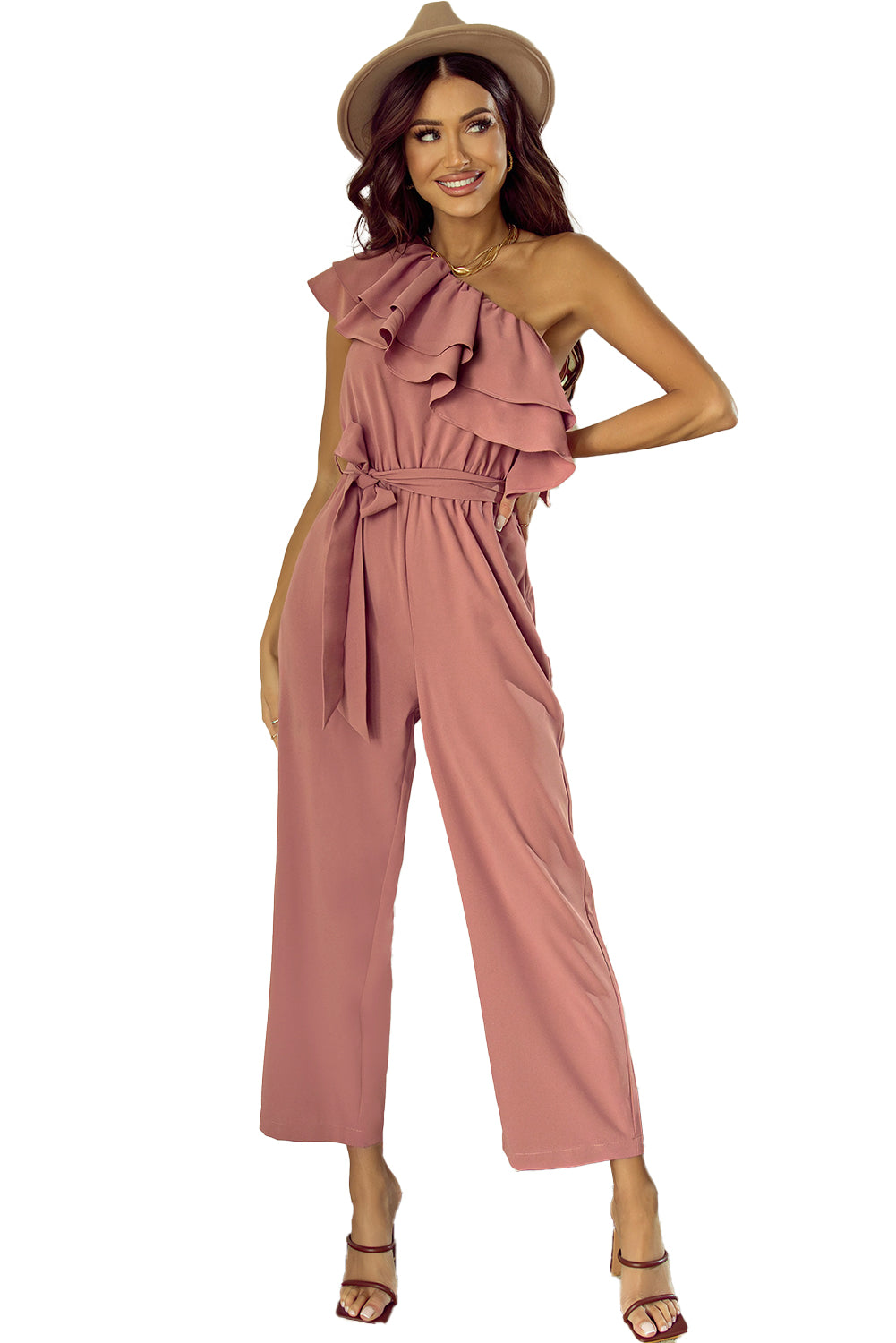 honeybee Mumford's Dusty Pink One Shoulder Ruffle Trim Belted Jumpsuit