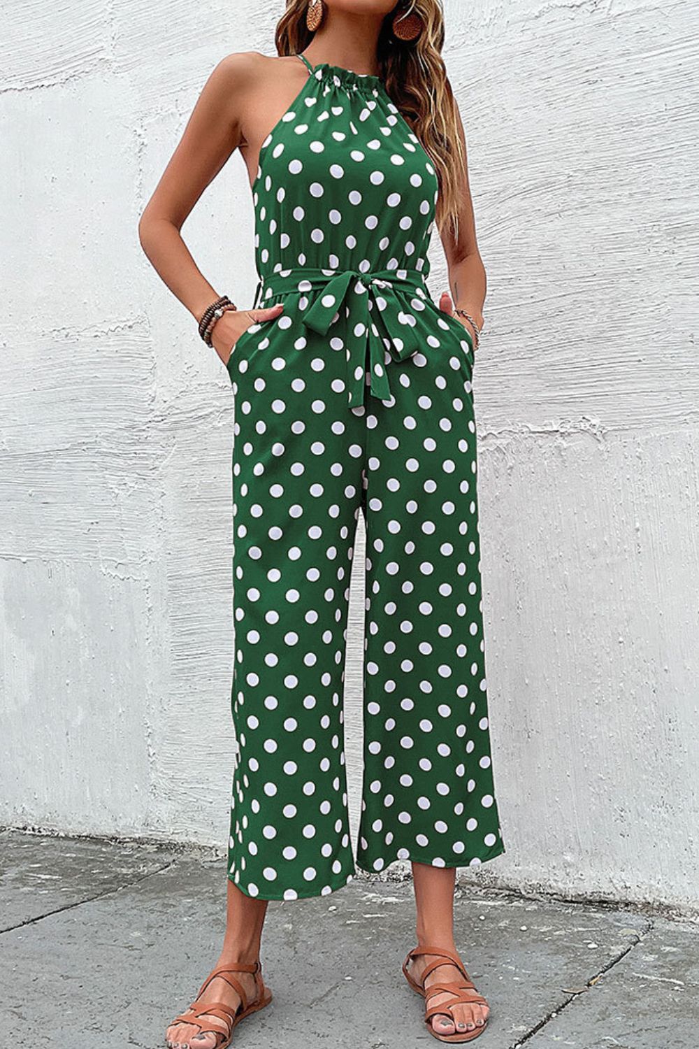 Honeybee Mumford's Polka Dot Grecian Wide Leg Jumpsuit