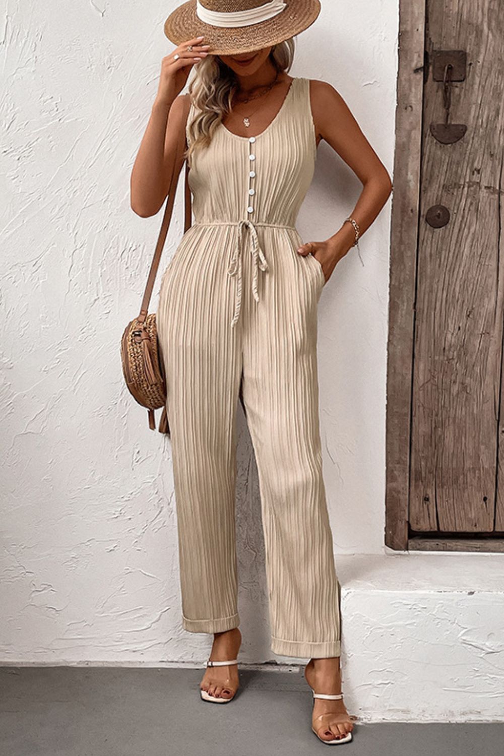 Honeybee Mumford's Textured Sleeveless Jumpsuit with Pockets