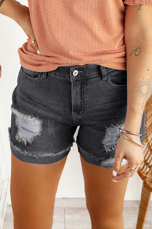 Honeybee Mumford's Distressed Ripped Rolled Hem Black Denim Shorts