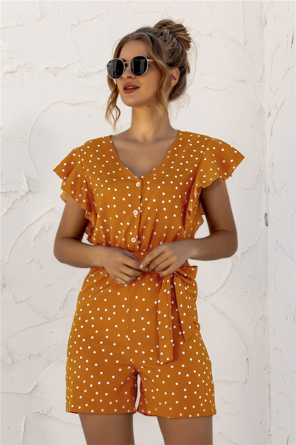 Honeybee Mumford's Ruffled Polka Dot Half Button Romper