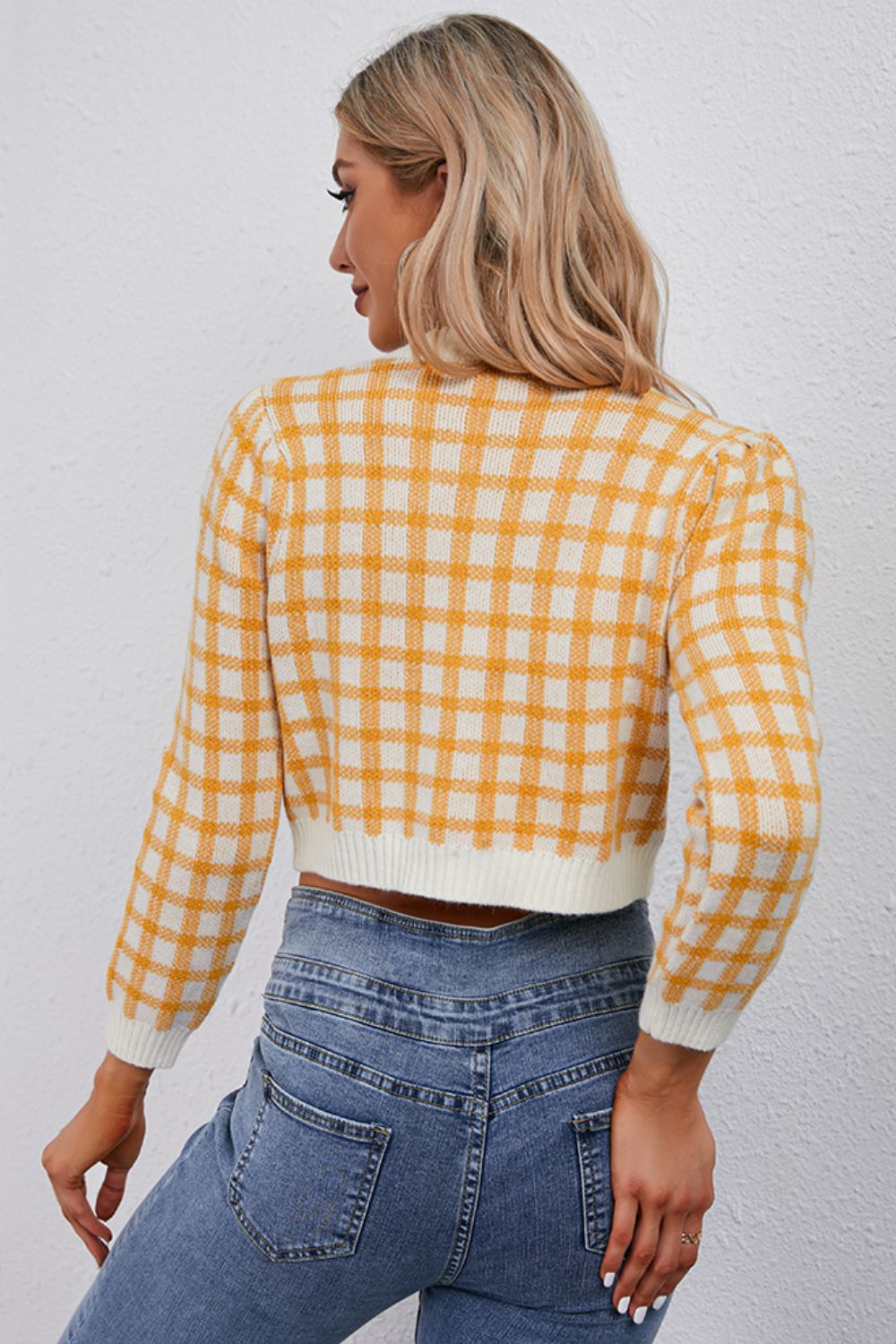 Honeybee Mumford's Plaid Buttoned Cropped Cardigan