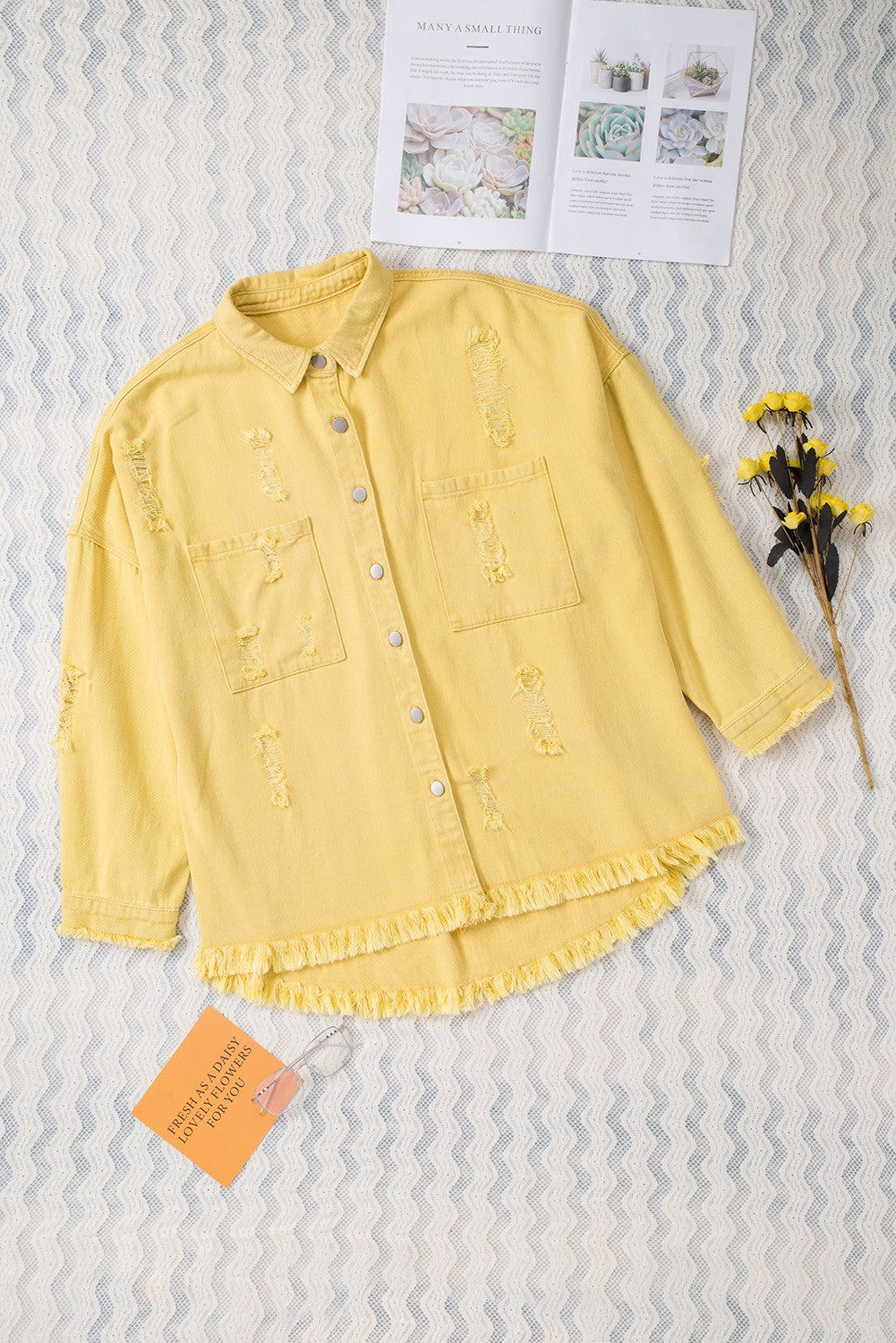 Honeybee Mumford's Yellow Distressed Fringe Trim Denim Jacket