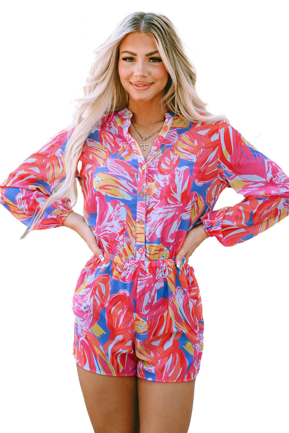 Honeybee Mumford's Multicolor Bold Graffiti Print Shirt Button Romper