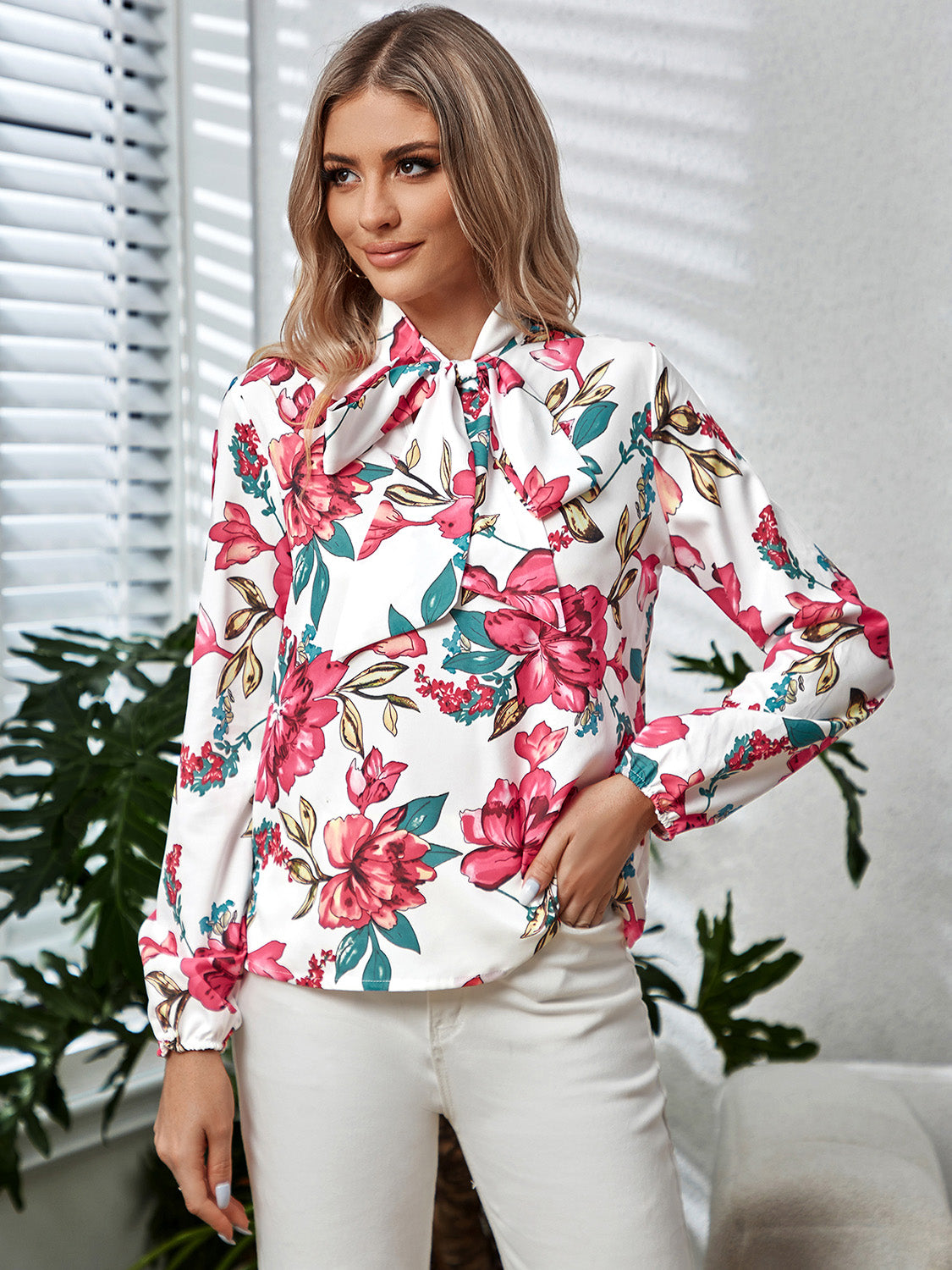 Honeybee Mumford's Printed Tie Neck Long Sleeve Blouse