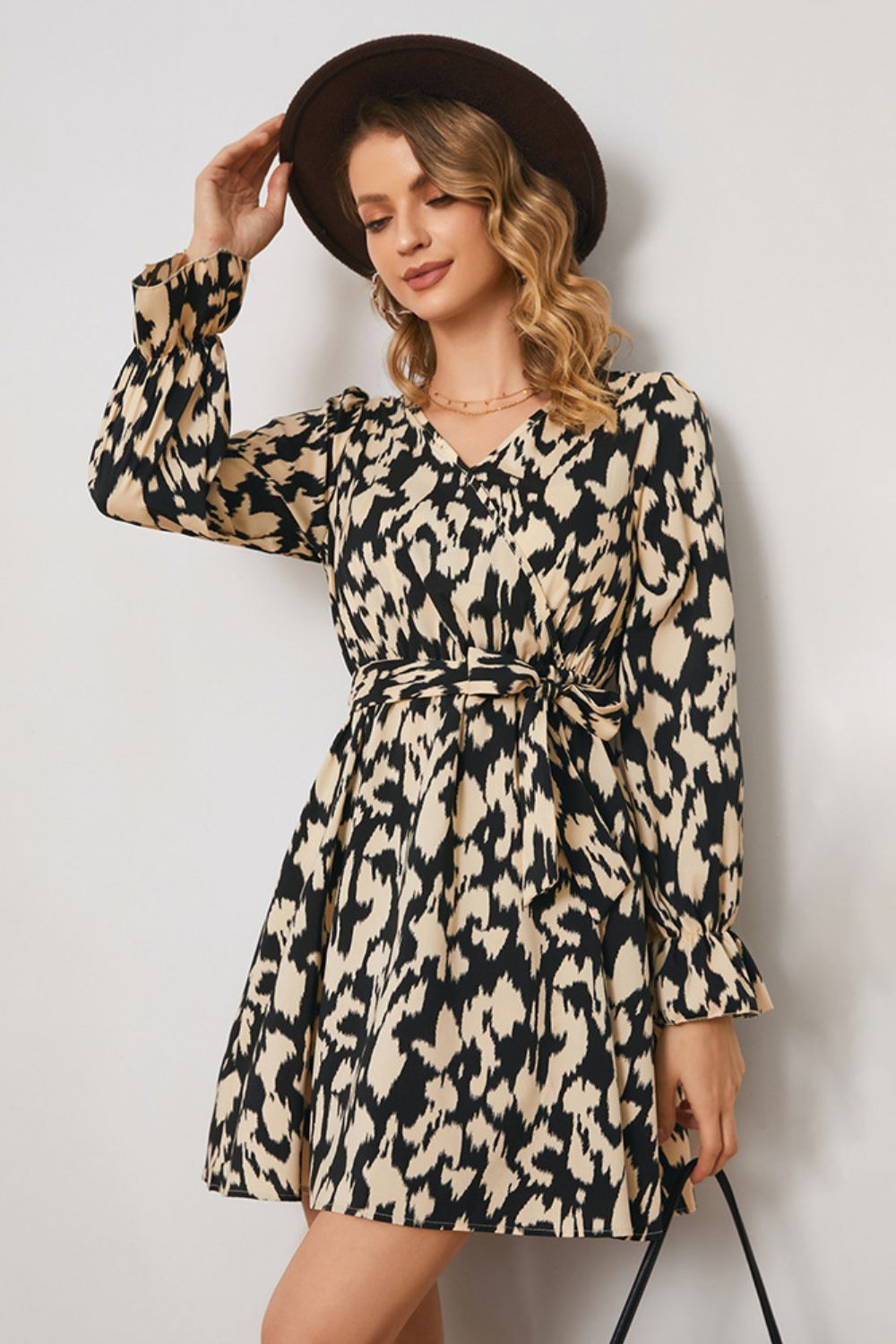 Honeybee Mumford's Animal Print Surplice Neck Long Flounce Sleeve Dress