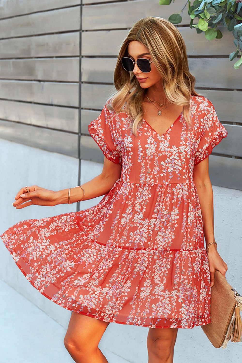 Honeybee Mumford's Printed V-Neck Short Sleeve Tiered Dress