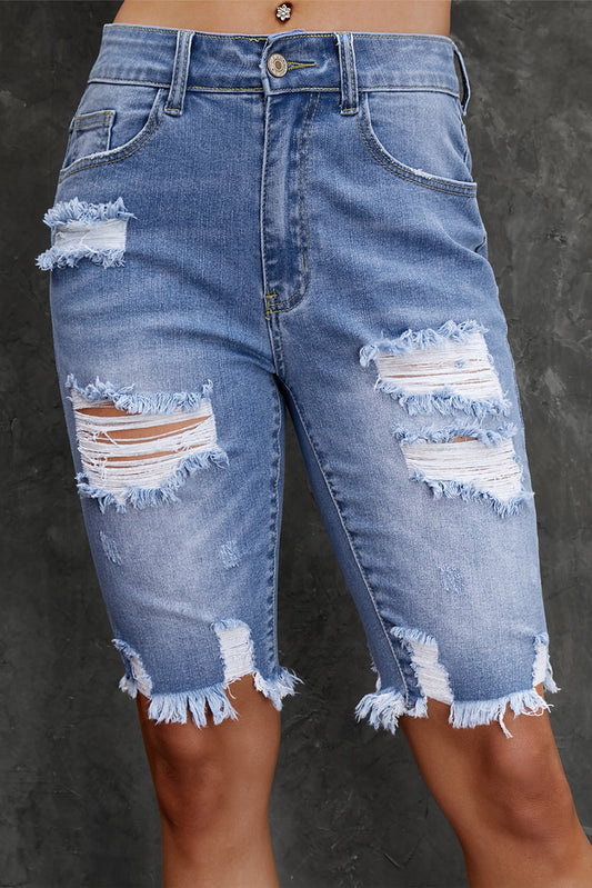 Honeybee Mumford's Distressed Frayed Hem Denim Bermuda Shorts