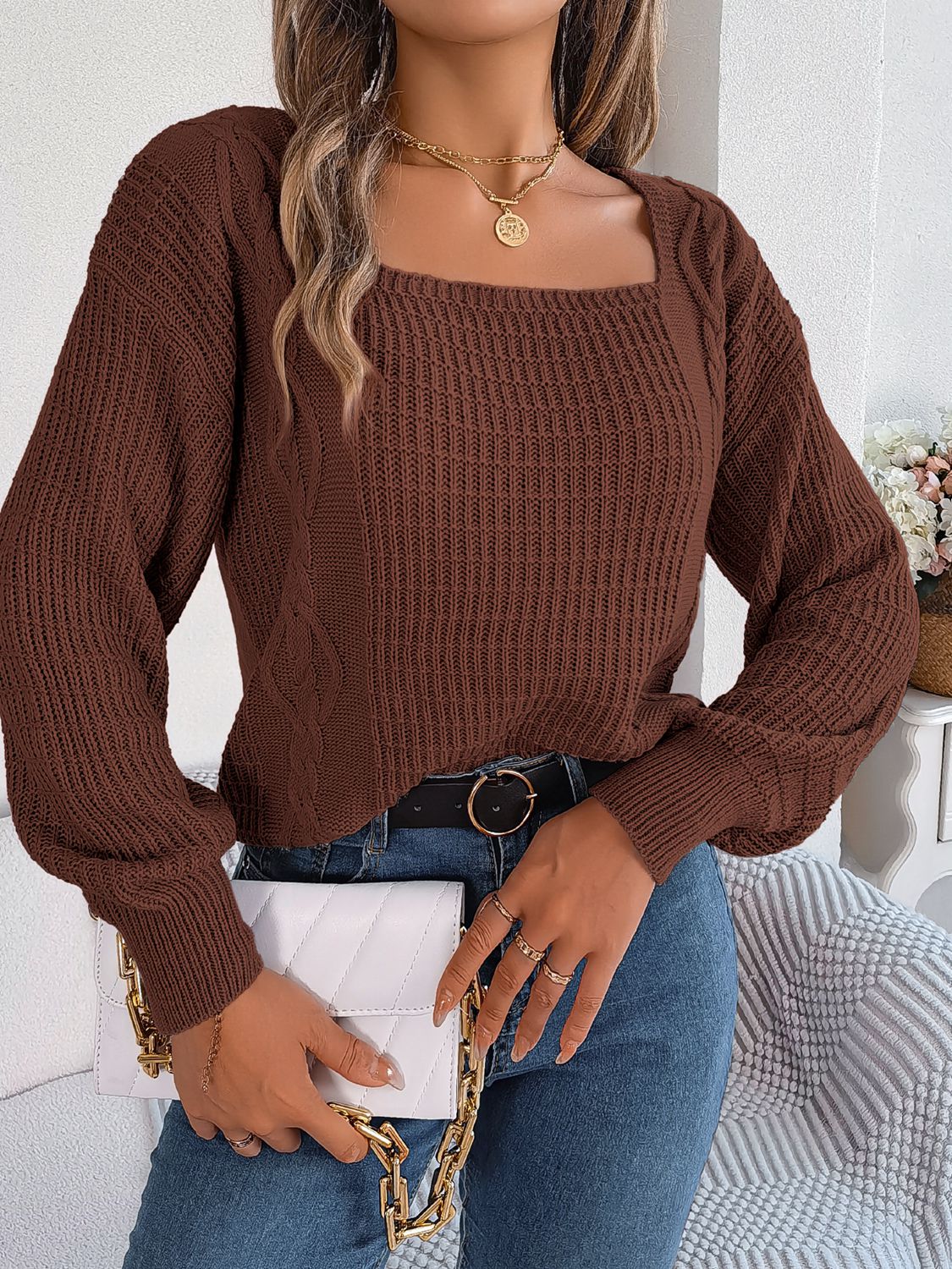 Honeybee Mumford's Square Neck Mixed Knit Sweater