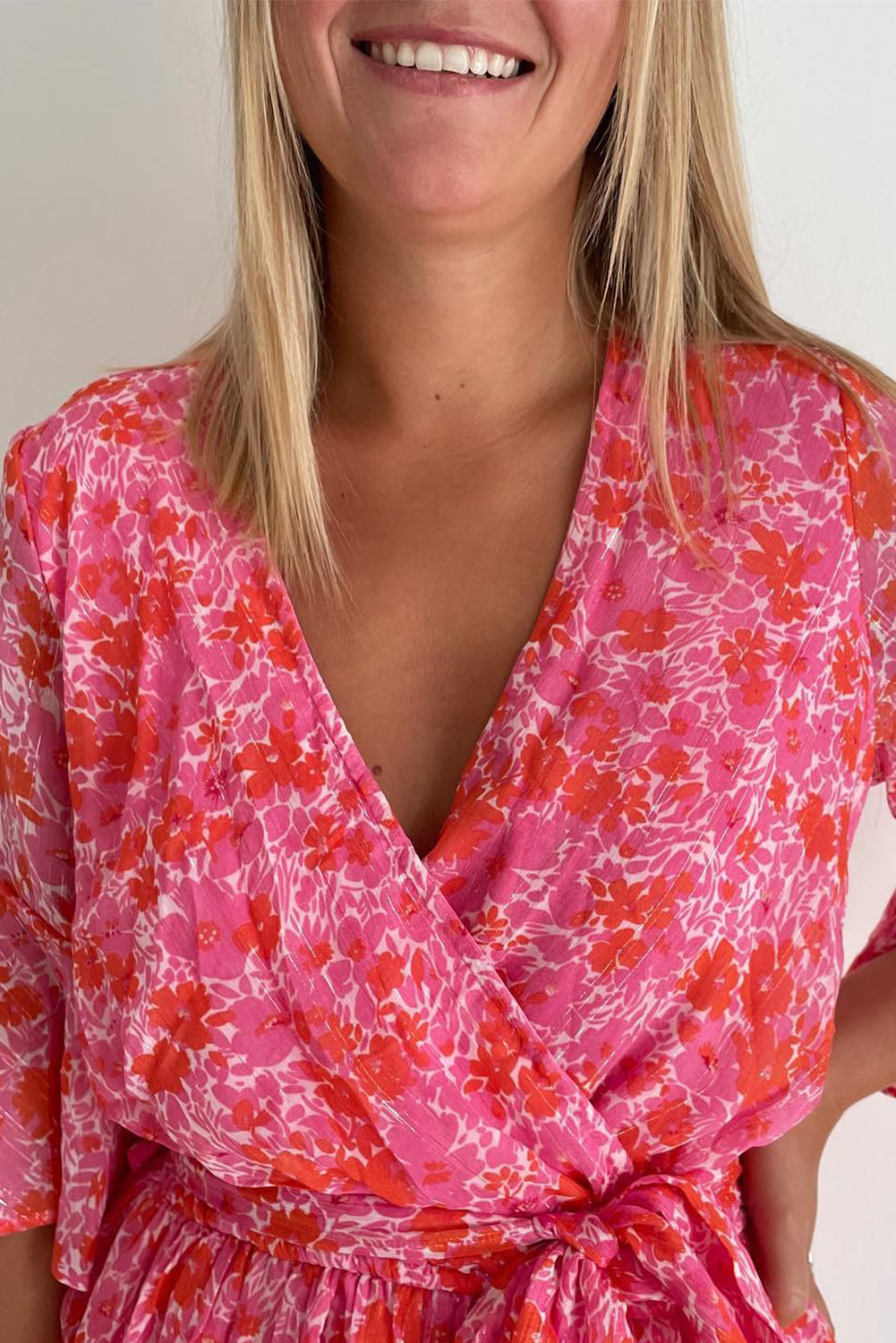 Honeybee Mumford's Pink V Neck Ruffled Sleeve Floral Romper