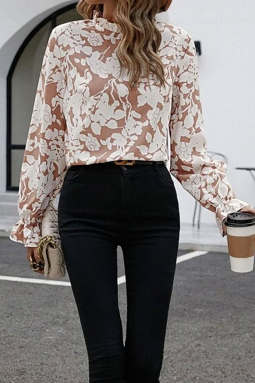 Honeybee Mumford's Floral Print Mock Neck Flounce Sleeve Blouse