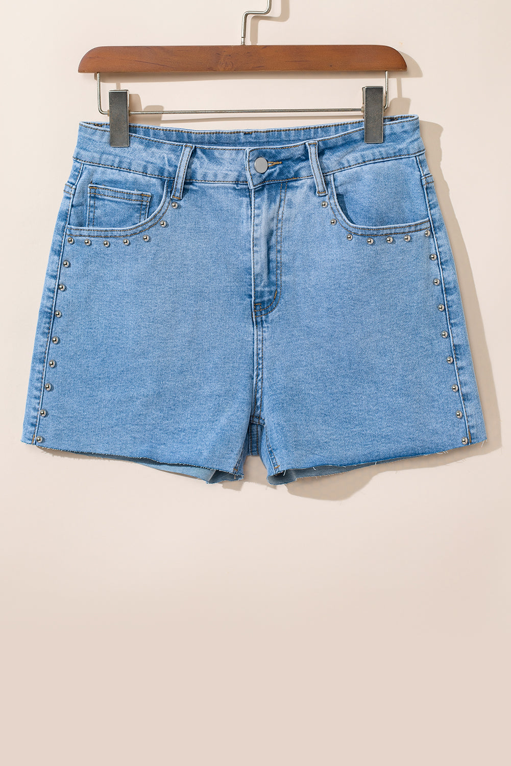 Honeybee Mumford's Sky Blue Stud Embellished High Waist Denim Shorts