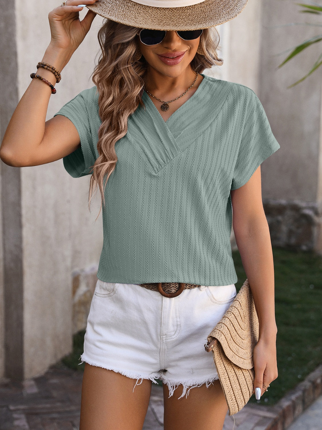 Honeybee Mumford's Textured Surplice Short Sleeve Blouse