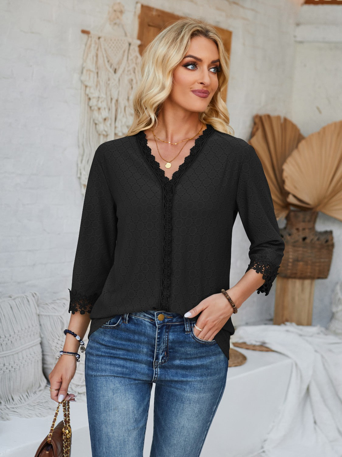 Honeybee Mumford's Lace Detail V-Neck Three-Quarter Sleeve Blouse